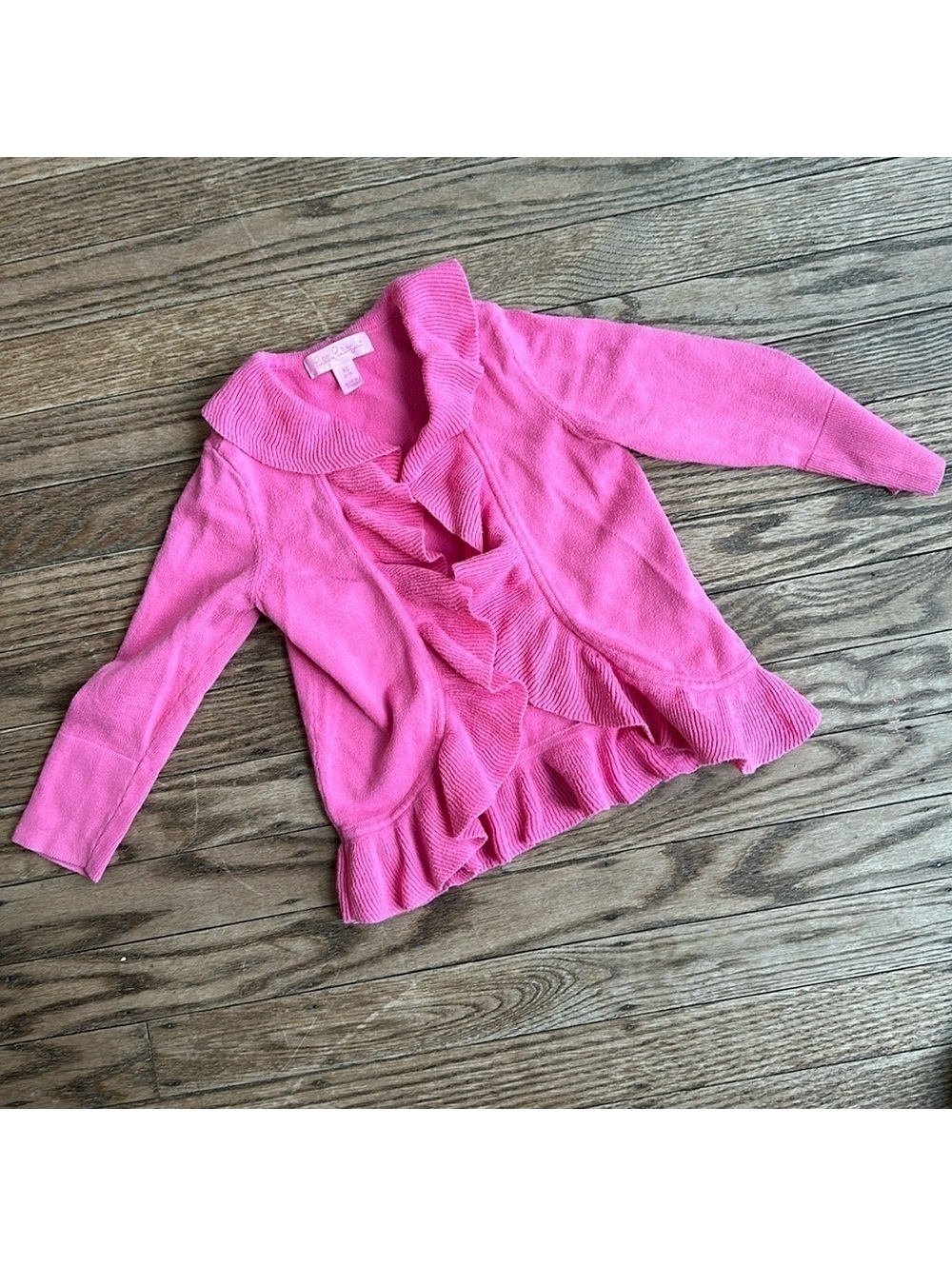 Lilly Pulitzer Girls Curious Pink Maple Sweater Ruffle Cardigan Size XS 2-3 EUC